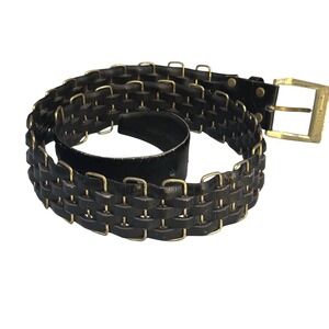 Vtg Saks Fifth Avenue Leather Belt Sz 36 Black Brass Buckle Metal Accents 33-37"